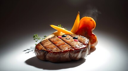 Delicious sliced steak cooked medium-rare with a shiny sauce and colorful roasted vegetables, highlighting premium food photography and rich culinary textures in high detail