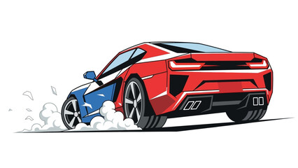 Naklejka premium Red and Blue Cartoon Sports Car Drifting with Smoke Vector Illustration