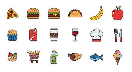 Overhead flat lay illustration of various food icons, including pizza, burger, taco, and fish, set against a clean white background in a colorful, simple style.