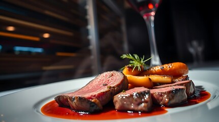 Delicious sliced steak cooked medium-rare with a shiny sauce and colorful roasted vegetables, highlighting premium food photography and rich culinary textures in high detail