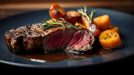 Delicious sliced steak cooked medium-rare with a shiny sauce and colorful roasted vegetables, highlighting premium food photography and rich culinary textures in high detail