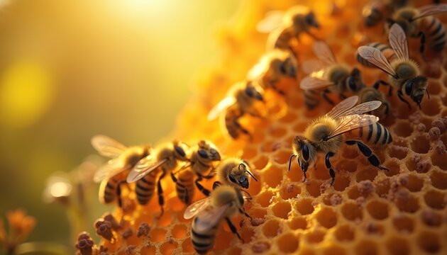 Bees work together on a honeycomb. Honeybees gather on a honeycomb in bright sunlight. Insects produce honey in their hive. Apiculture and teamwork are demonstrated. Bees are busy collecting nectar. - Powered by Adobe