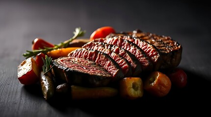 Delicious sliced steak cooked medium-rare with a shiny sauce and colorful roasted vegetables, highlighting premium food photography and rich culinary textures in high detail