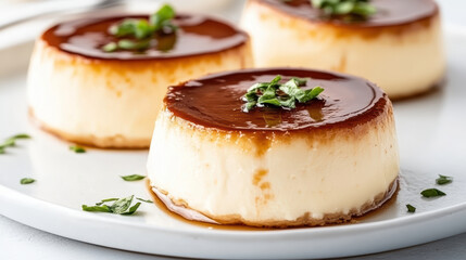 Creamy caramel custard flan with glossy caramel topping and fresh mint garnish