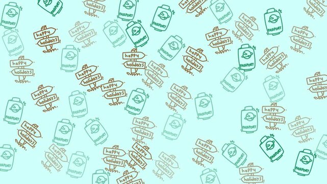Flickering travelling pattern of passport and happy holiday signposts. Seamless looping animation suitable for travel blogs, vacation promotions, social media and wander lust themed designs.