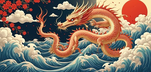 Fototapeta premium Vibrant Japanese dragon swims in crashing waves, blooming cherry blossoms under rising sun. Artwork combines traditional Asian motifs with dynamic water patterns creating powerful visual.