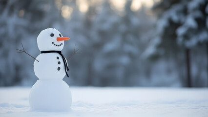 Fototapeta premium Cheerful Snowman Standing in Snowy Forest Landscape Against Golden Winter Sun