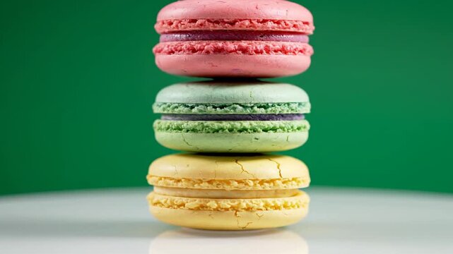 Captivating display of perfectly stacked vibrant French macarons showcasing delightful pastel hues against a rich emerald backdrop a sweet