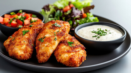 Fototapeta premium Crispy breaded chicken fillet with creamy dip and fresh salad, savory and appetizing