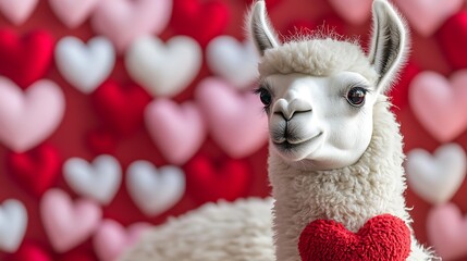 Stuffed llama in a red and white Valentine's day theme hearts everywhere