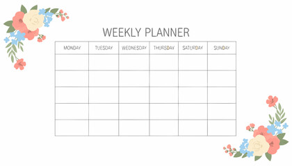 A weekly planner template with a grid for days of the week, adorned with delicate floral arrangements in the corners.