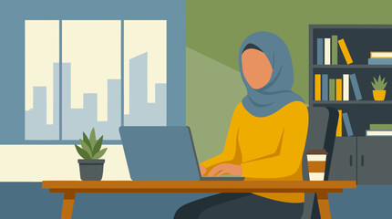 A Muslim woman wearing a hijab works on her laptop at a desk in an office with a city view.