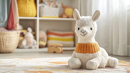 Stuffed llama in knit sweater soft plush texture sitting in a child's playroom whimsical decor