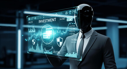 Man in suit interacting with futuristic investment data display