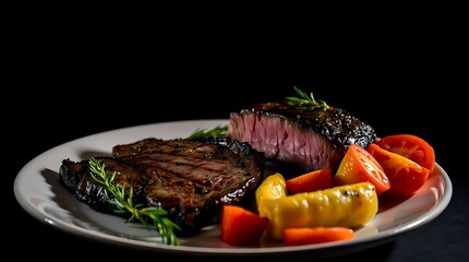 Delicious sliced steak cooked medium-rare with a shiny sauce and colorful roasted vegetables, highlighting premium food photography and rich culinary textures in high detail