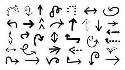 A large collection of hand-drawn arrow doodles. Set of various black sketch arrow icons, pointers, and direction signs isolated for design elements