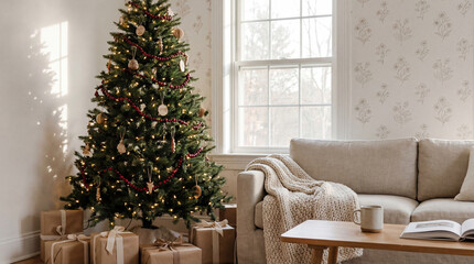 Cozy Living Room with Decorated Christmas Tree and Wrapped Gifts