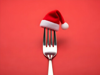 Cutlery fork wearing a red festive father christmas santa hat, wallpaper Christmas dinner Background, copy space 
