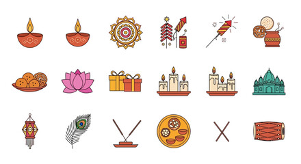 A vibrant flat lay showcases festive Diwali icons, including diyas, gifts, and fireworks, arranged against a clean, white background with a cheerful, warm color palette.