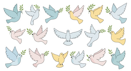 Illustrated pastel doves, each carrying an olive branch, fly across a white background in this vector graphic, symbolizing peace and hope.