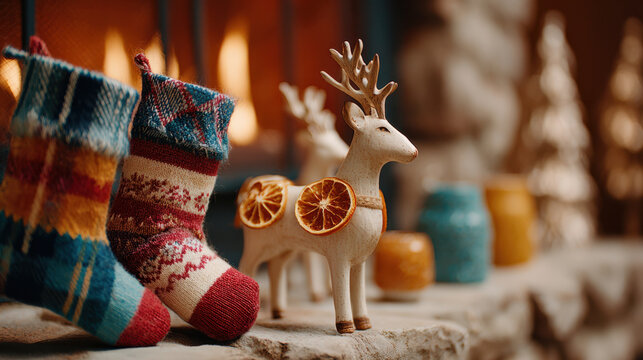 Retro vintage holiday scene with knitted stocking and wooden reindeer by warm fireplace evoking cozy nostalgic cheer - Powered by Adobe