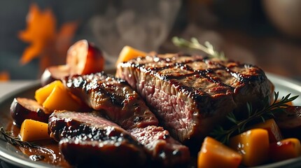 Delicious sliced steak cooked medium-rare with a shiny sauce and colorful roasted vegetables, highlighting premium food photography and rich culinary textures in high detail