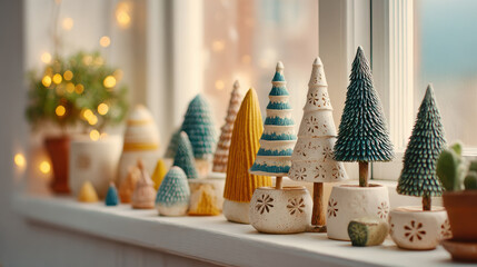 Retro vintage ceramic Christmas tree collection on windowsill with soft bokeh lights and cozy holiday ambiance