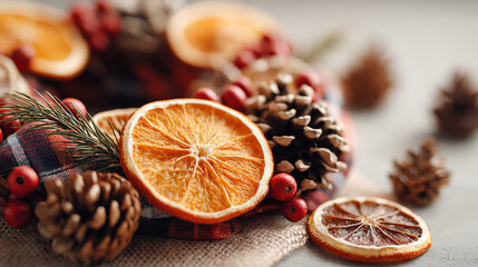 Dried orange slice pine cone evergreen branch red berry burlap plaid fabric holiday decoration rustic centerpiece