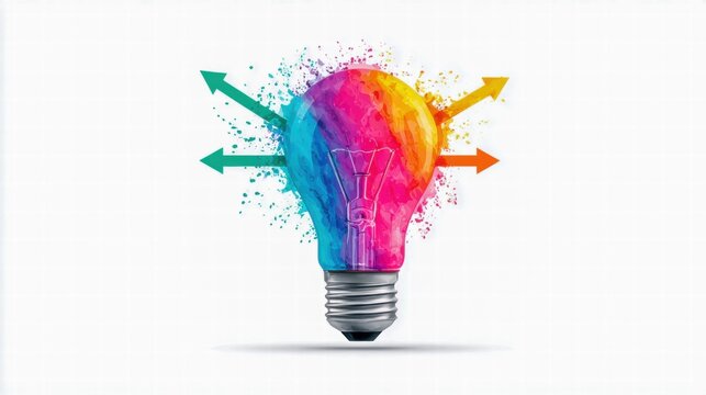 Colorful light bulb with arrows representing ideas and creativity.