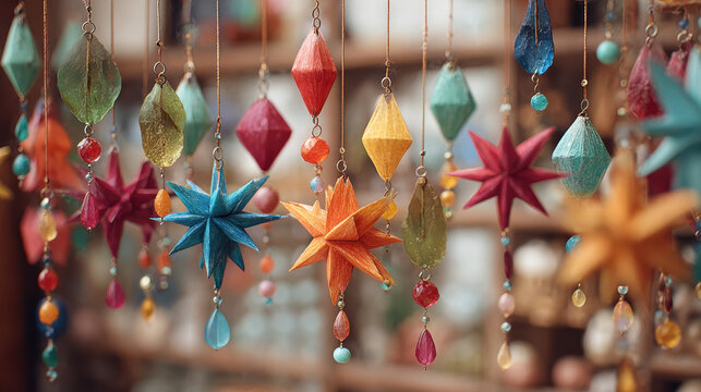 Colorful retro vintage paper star ornaments hanging with beads in soft warm bokeh light
