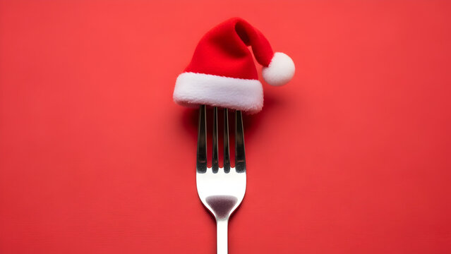 Cutlery fork wearing a red festive father christmas santa hat, wallpaper Christmas dinner Background, copy space - Powered by Adobe