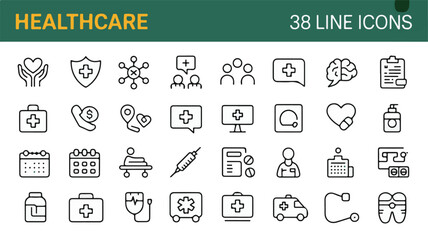 Collection of minimal line icons representing healthcare, medicine, and wellness concepts. A versatile set for digital and print