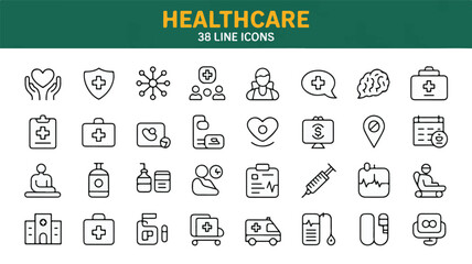 A collection of 38 minimalist line icons representing various healthcare, medical, and wellness concepts for digital and print use