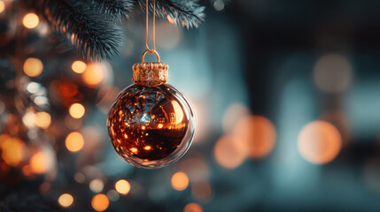 Fototapeta premium Retro vintage glass bauble reflecting warm lights on evergreen branch in cozy holiday scene