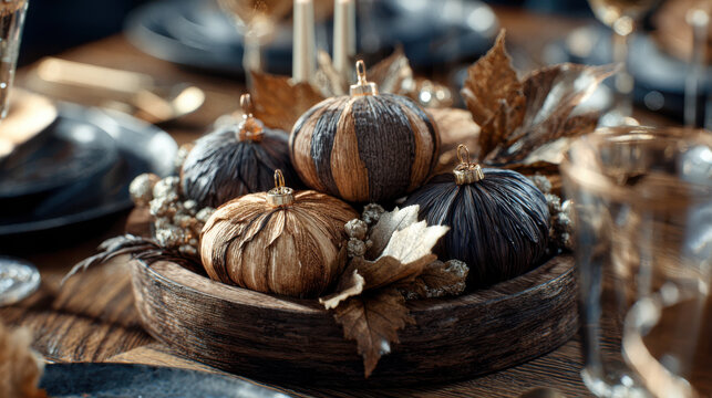 Retro vintage autumn centerpiece with textured decorative pumpkins and metallic leaves on rustic table setting - Powered by Adobe