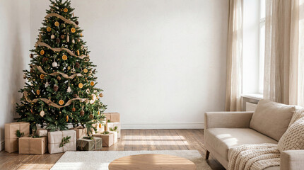 Cozy Living Room with Minimalist Christmas Tree and Gifts