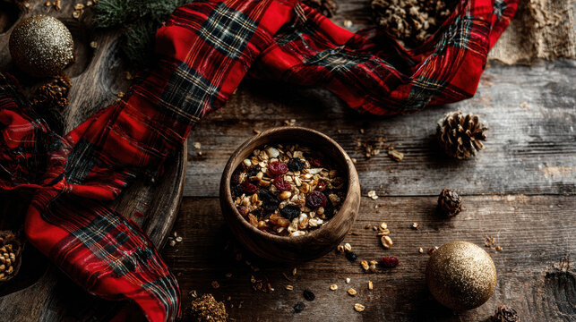 Retro vintage rustic holiday granola bowl with plaid scarf and pine cone on wood tabletop