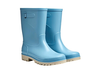 Blue rubber boots with beige soles, side by side