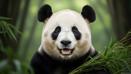 Obraz premium giant panda eating bamboo, Happy giant panda smiles with open mouth, showing pure joy. Cute wild animal poses within natural bamboo habitat. Beautiful mammal iconic black, white fur, truly lovely wild