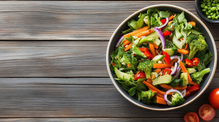 Fresh broccoli cucumber salad with mixed greens carrot pepper onion and tomato