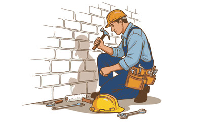 A focused construction worker, wearing blue overalls and a yellow hard hat, meticulously examines a brick wall with a hammer, surrounded by essential tools.