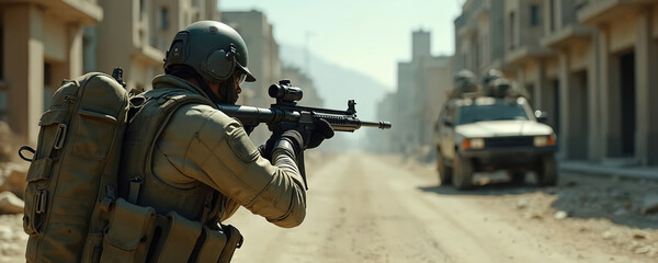 Obraz premium Soldier in tactical gear and helmet stands on dusty road holding rifle. Armed vehicle moves down street in war-torn city. Military operation in urban area with damaged buildings.