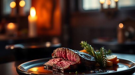 Delicious sliced steak cooked medium-rare with a shiny sauce and colorful roasted vegetables, highlighting premium food photography and rich culinary textures in high detail