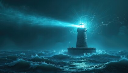 Futuristic lighthouse beams light through stormy ocean waves. Digital light guides ships at sea. Modern tech beacon provides safety and navigation through darkness.