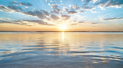 Obraz premium Sunset lake sky water reflection horizon calm serene golden light