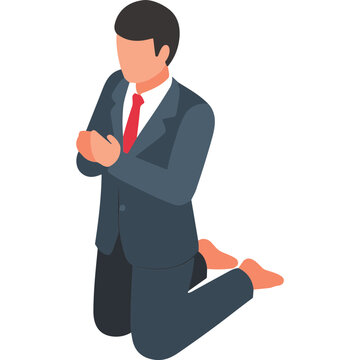 Man in a dark blue suit and red tie kneeling with hands clasped in prayer or supplication a symbol of faith hope and desperation isolated on a black background