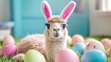 Stuffed llama wearing bunny ears sitting among Easter eggs