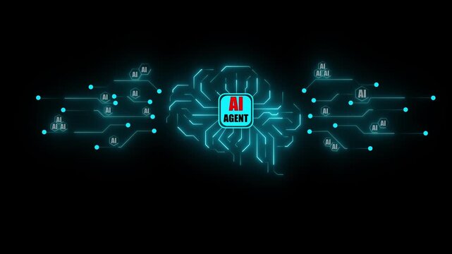 AI neural network brain with glowing circuit connections and central processor chip. Digital intelligence concept with network nodes. Machine learning visualization on dark background