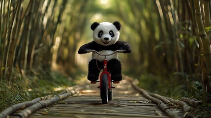 Stuffed panda riding a bicycle along bamboo lined path