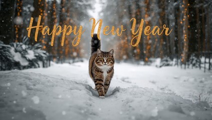 Tabby cat walking in snowy winter forest with Happy New Year text. New Year celebration greeting card concept with cute animal and festive lights bokeh.